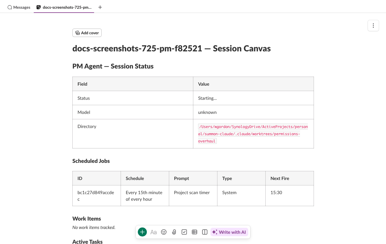 PM canvas with session status and scheduled jobs