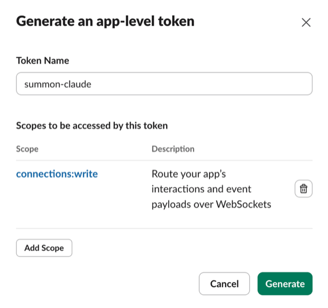 Generate token dialog
